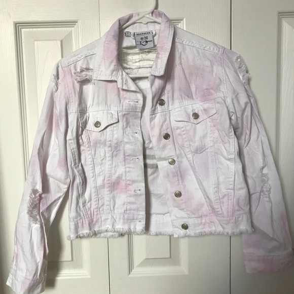 pink and white denim jacket